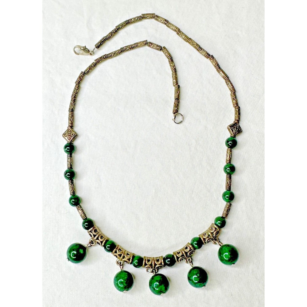Malachite Bead Necklace Tribal Textured Barrel Silver Tone Dangle Stunning 16 in